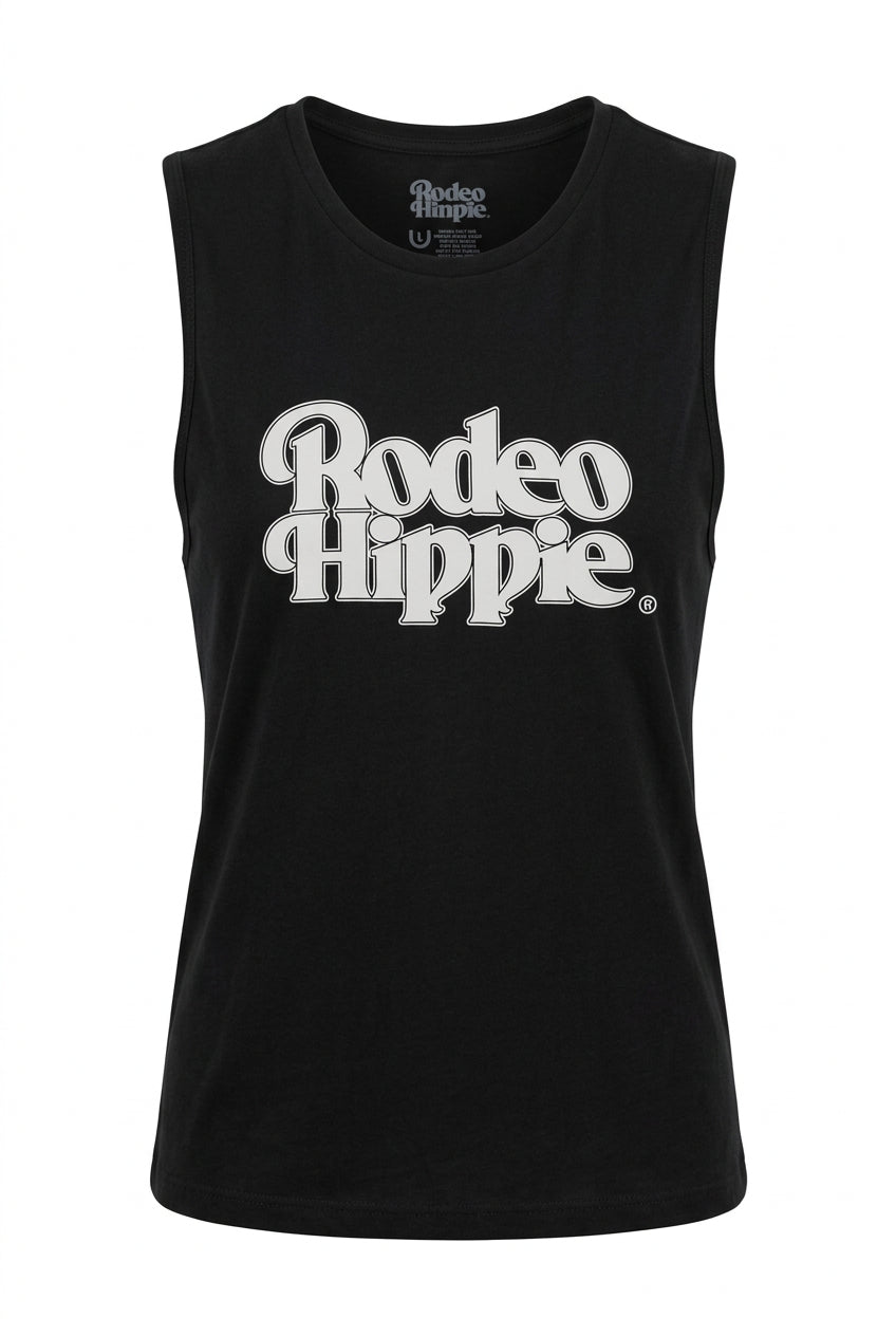 Trestles Clothing Company black sleeveless cotton muscle tee with white Rodeo Hippie retro western graphic print