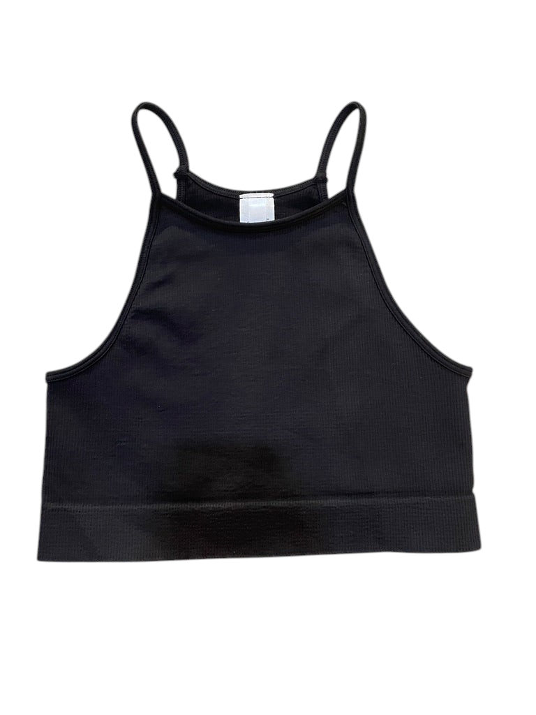 Trestles Clothing Company black ribbed highneck cami bra top with thin straps and a cropped fit.