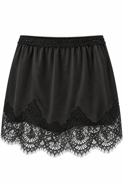 Trestles Clothing Company black satin half slip featuring an intricate eyelash lace hem and elasticated waistband.