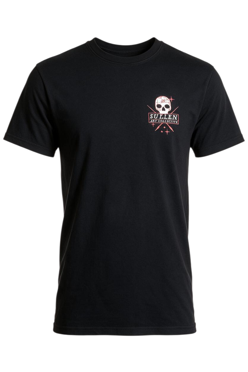 Trestles Clothing Company black cotton graphic tee featuring a small skull tattoo-inspired logo on the chest