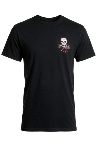 Trestles Clothing Company black cotton graphic tee featuring a small skull tattoo-inspired logo on the chest