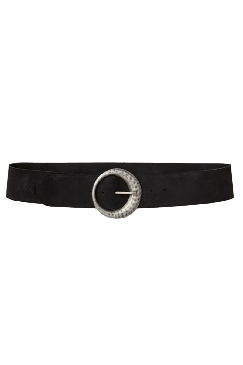 Trestles Clothing Company Cannon suede belt in black featuring a large hammered silver-tone circular buckle.