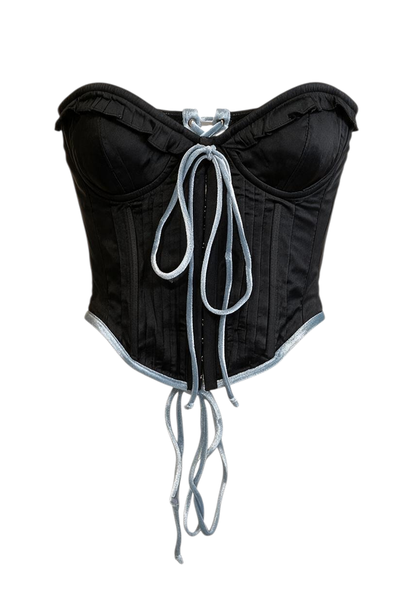 Trestles Clothing Company black vintage style corset with blue velvet trim, ruffle detail, and adjustable front ties.