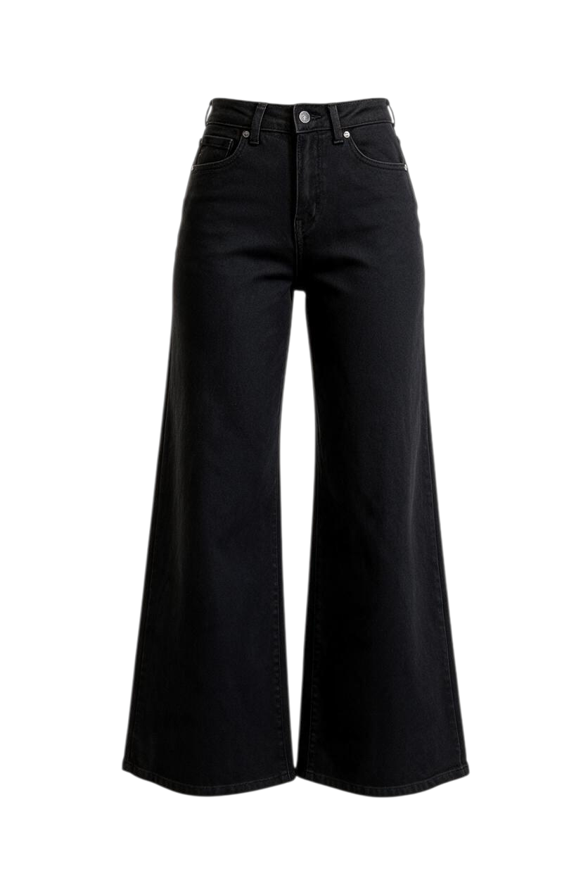 Trestles Clothing Company black wide leg jeans with a high rise and stretchy cotton blend fabric hanging on a door.