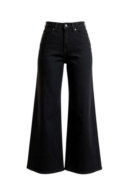 Trestles Clothing Company black wide leg jeans with a high rise and stretchy cotton blend fabric hanging on a door.