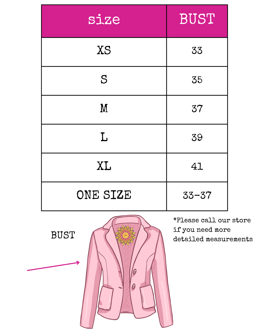 Trestles Clothing Company Juliet French Terry Blazer size chart with bust measurements and blazer illustration