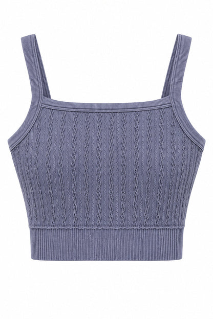 Trestles Clothing Company blue cropped cami with a square neck, cable knit texture, and wide supportive elastic band.