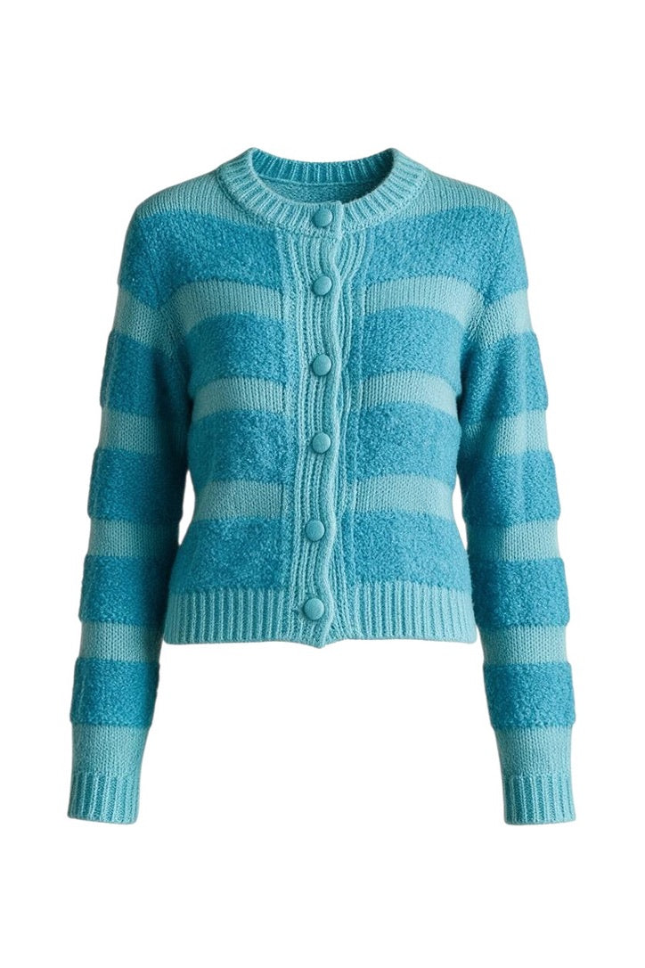 Trestles Clothing Company blue fuzzy striped cardigan with a round neck, button-front, and cropped ribbed hem.