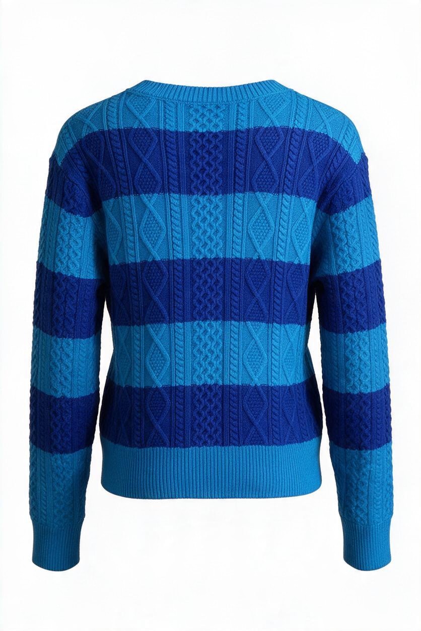 Trestles Clothing Company blue striped cable knit sweater with a ribbed crewneck, back view