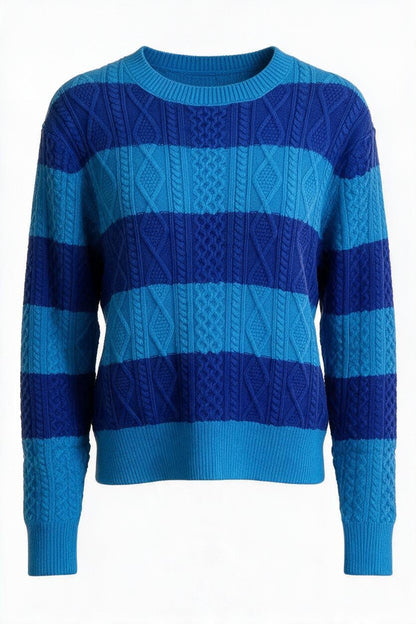 Trestles Clothing Company blue striped cable knit sweater with a crewneck and textured stitching.