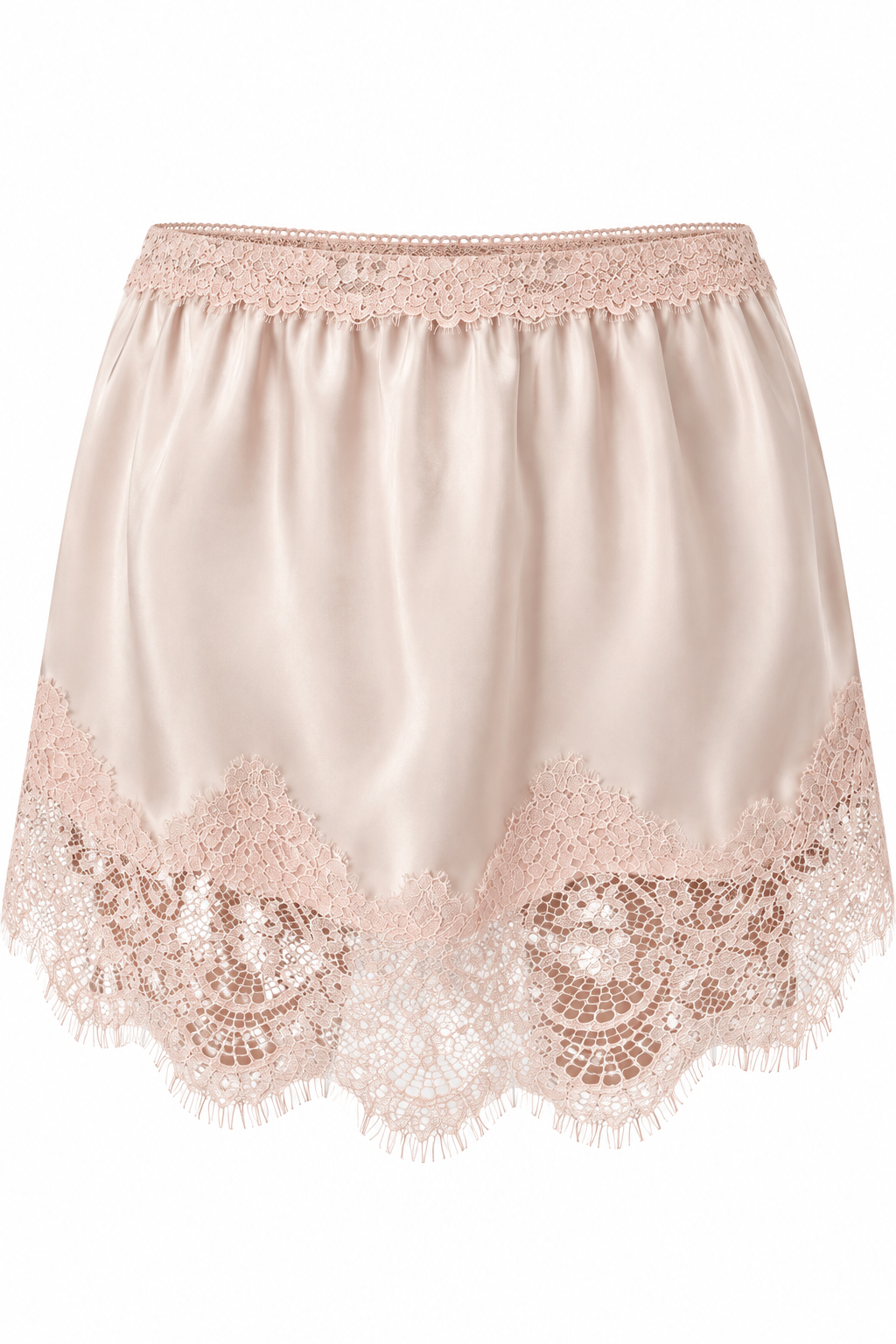 Trestles Clothing Company Meet Me In The Middle half slip in blush satin with intricate eyelash lace trim and hem.