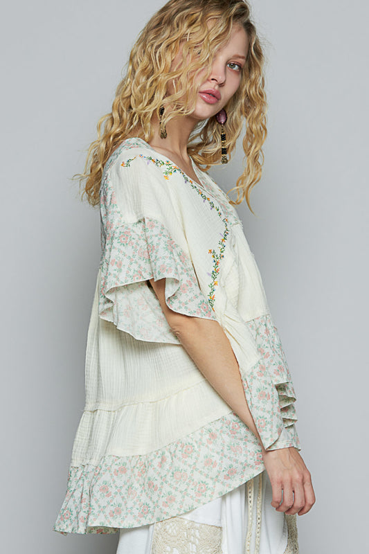 Trestles Clothing Company boho ruffle sleeve top in cream double gauze with floral contrast prints and embroidery