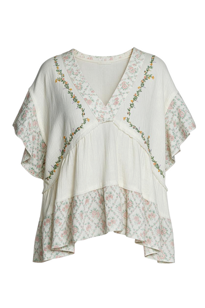 Trestles Clothing Company boho ruffle sleeve top in cream double gauze with floral embroidery and contrast print