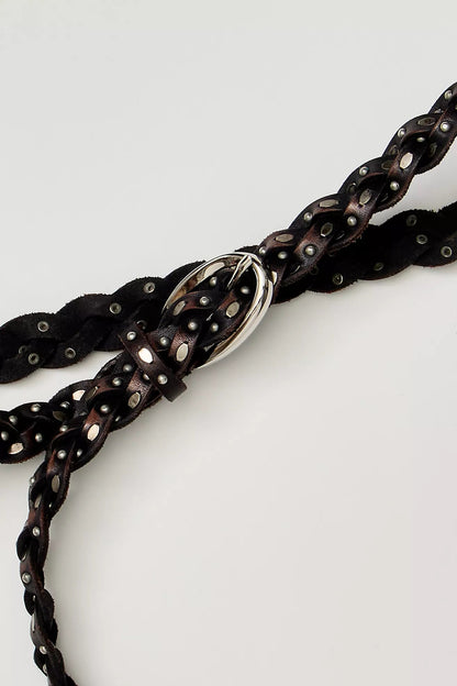 Trestles Clothing Company brown braided leather belt featuring silver metal studs and a polished buckle