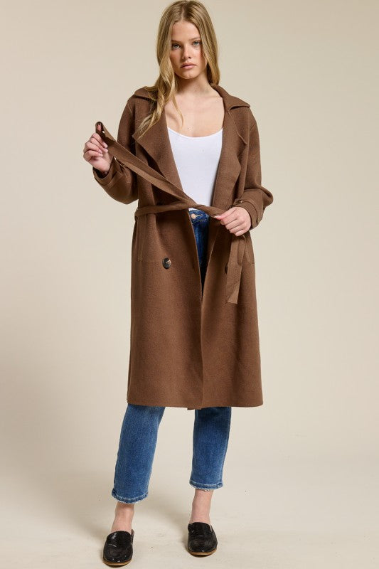 Trestles Clothing Company Beckham midi sweater coat in brown cashmere blend with optional tie belt over jeans
