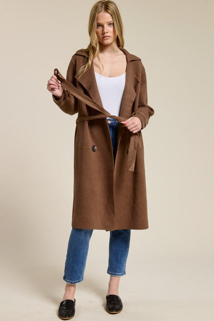Trestles Clothing Company Beckham midi sweater coat in brown cashmere blend with optional tie belt over jeans