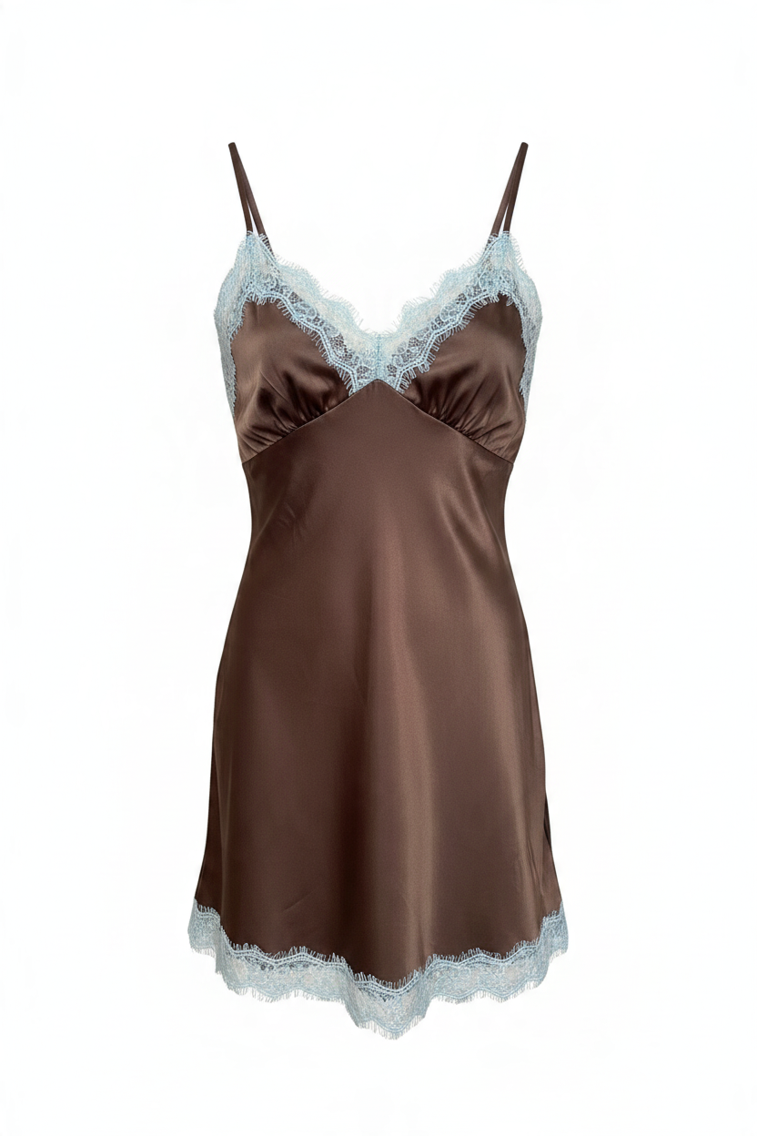 Trestles Clothing Company brown satin slip dress with light blue lace trim and adjustable spaghetti straps.