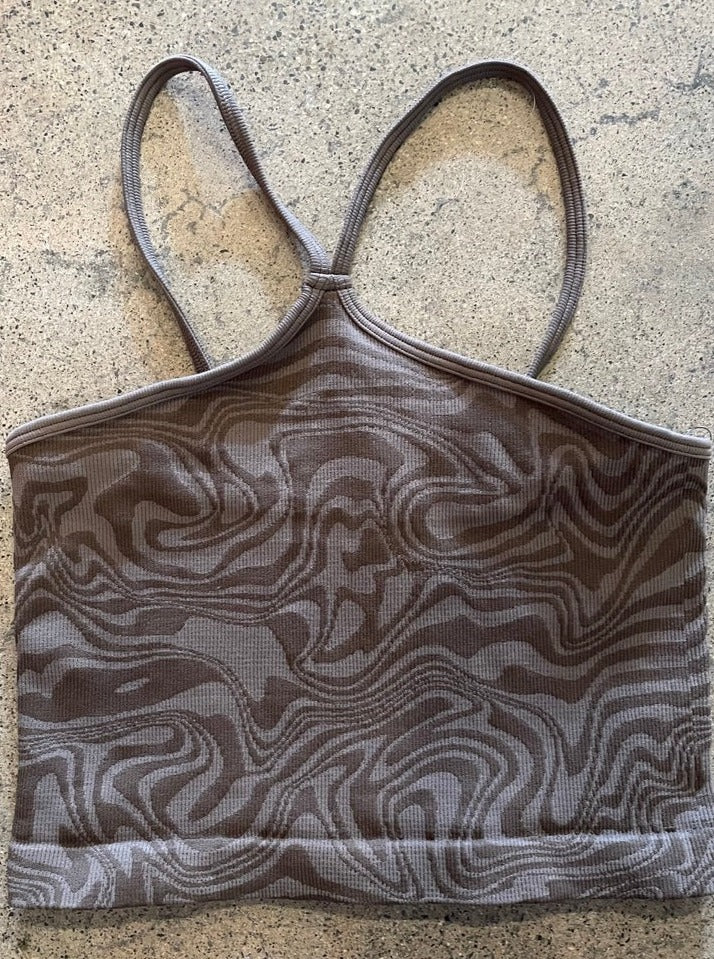 Trestles Clothing Company brown marble print ribbed halter crop top with strappy back detail in a 70s boho style.