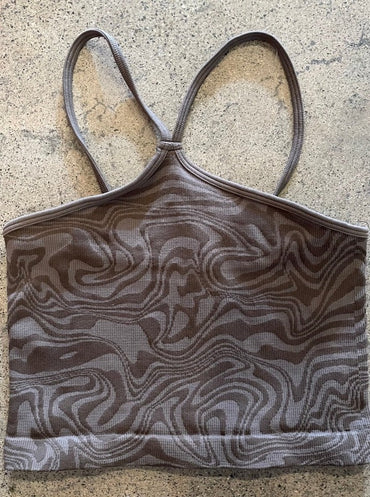 Trestles Clothing Company brown marble print ribbed halter crop top with strappy back detail in a 70s boho style.