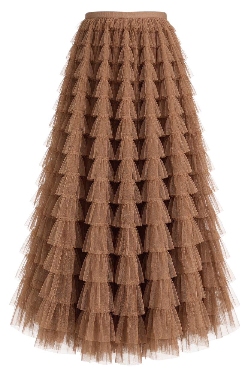 Trestles Clothing Company brown maxi tulle skirt with tiered ruffled layers and a comfortable elastic waistband.