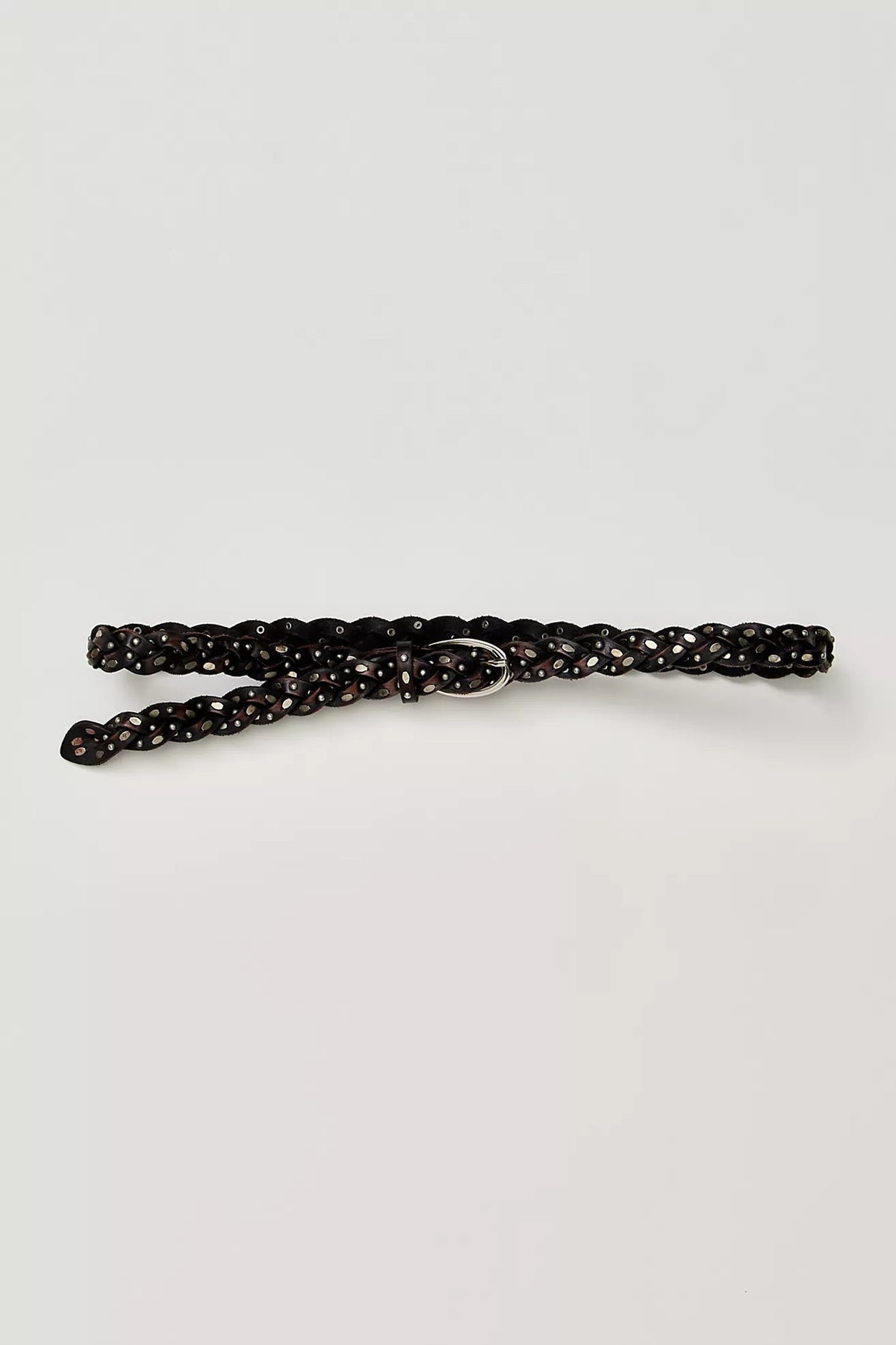 Trestles Clothing Company slim brown braided leather belt with silver metal studs and a polished buckle