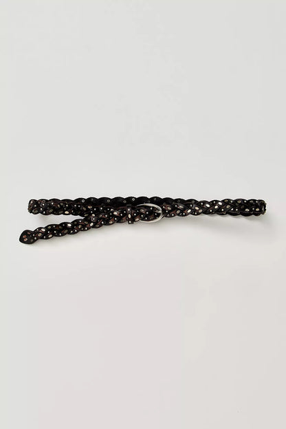 Trestles Clothing Company slim brown braided leather belt with silver metal studs and a polished buckle