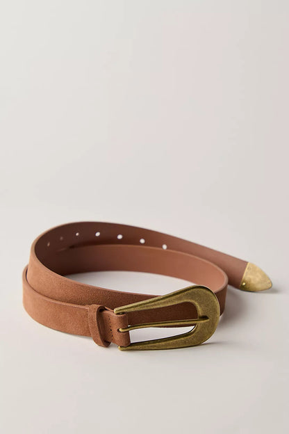 Trestles Clothing Company Cannon suede belt in brown with a vintage brass buckle and matching metal tip