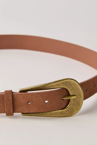 Trestles Clothing Company brown suede belt with a vintage-inspired brass buckle for a boho western look.