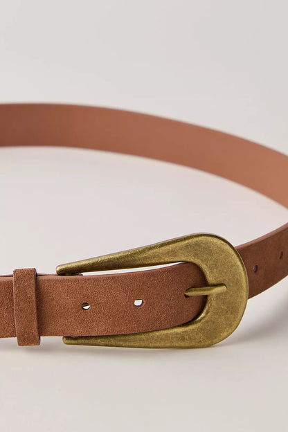 Trestles Clothing Company brown suede belt with a vintage-inspired brass buckle for a boho western look.