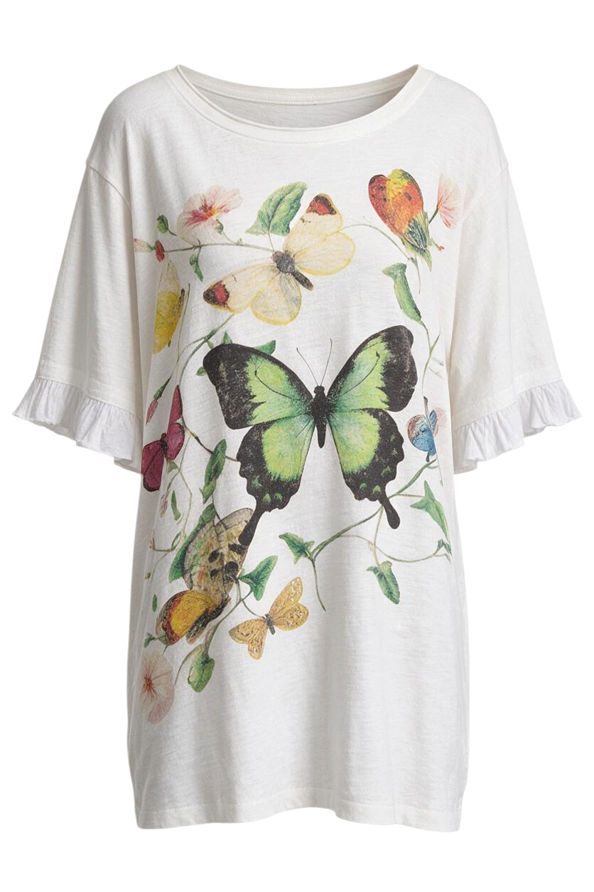 Trestles Clothing Company butterfly graphic tee in mineral washed cotton with ruffled sleeves and relaxed fit
