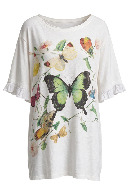 Trestles Clothing Company butterfly graphic tee in mineral washed cotton with ruffled sleeves and relaxed fit