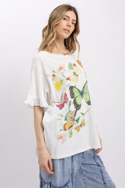 Trestles Clothing Company butterfly graphic tee with ruffled gauze sleeves and mineral washed cotton fabric