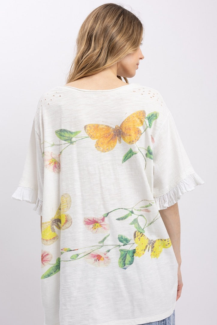 Trestles Clothing Company butterfly print tee with ruffled sleeves and mineral washed cotton in a relaxed boho fit