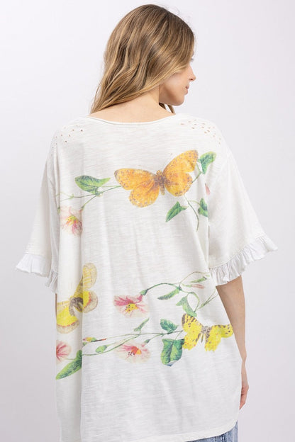 Trestles Clothing Company butterfly print tee with ruffled sleeves and mineral washed cotton in a relaxed boho fit