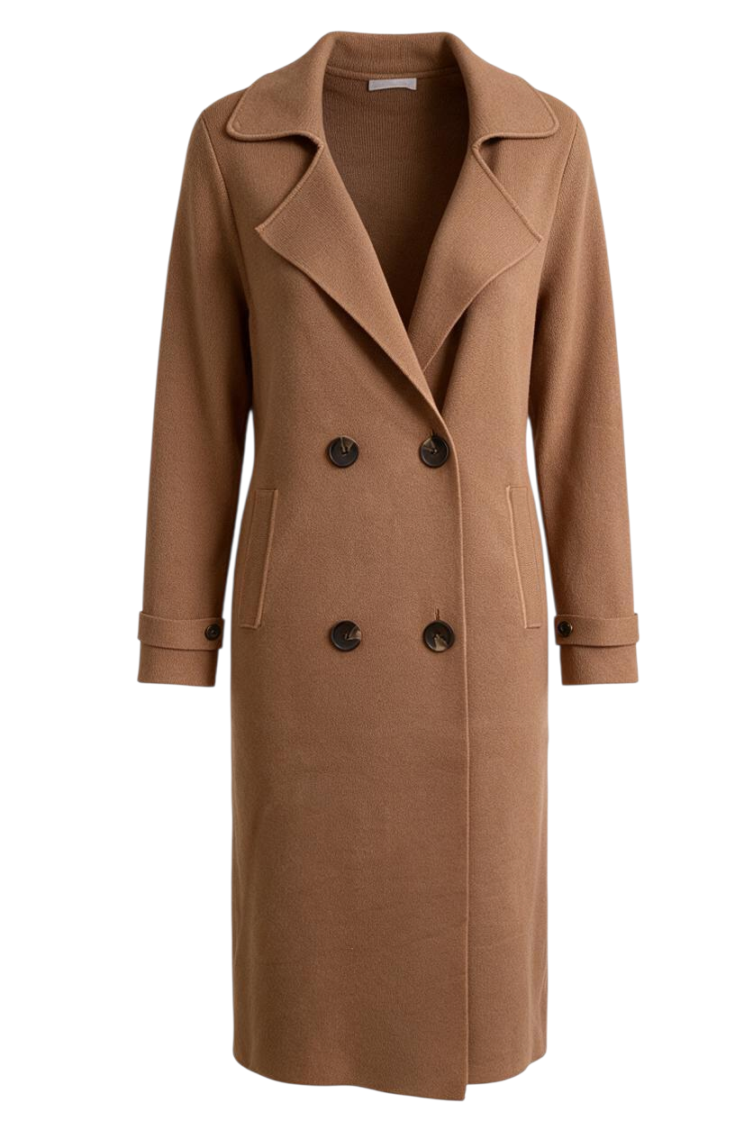 Trestles Clothing Company Beckham Coat in camel cashmere blend with double-breasted button front and midi length.
