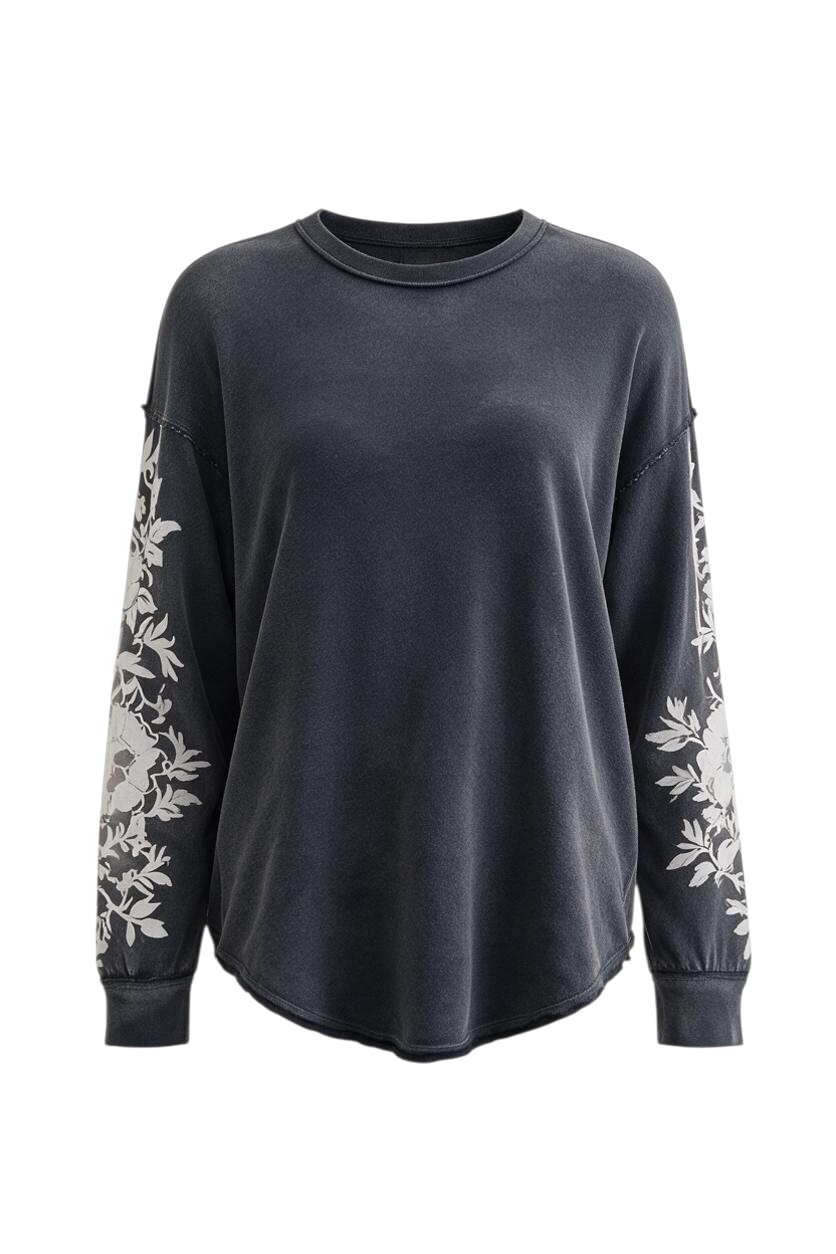 Trestles Clothing Company Flora long sleeve tee in charcoal grey cotton with white floral sleeve detailing
