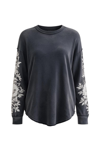 Trestles Clothing Company Flora long sleeve tee in charcoal grey cotton with white floral sleeve detailing