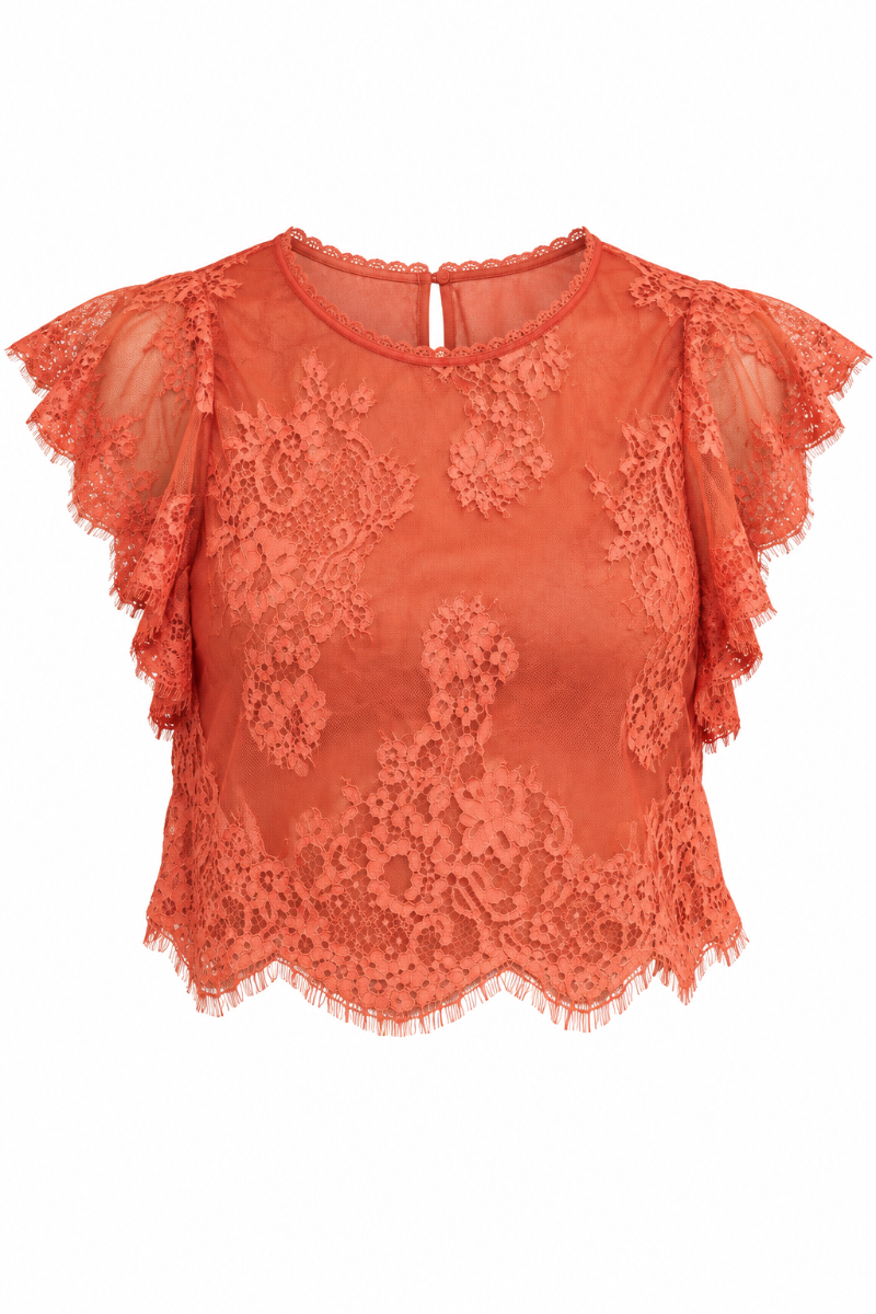 Trestles Clothing Company Lunar Ash lace top in coral with flutter sleeves, boat neckline, and scalloped eyelash hem.