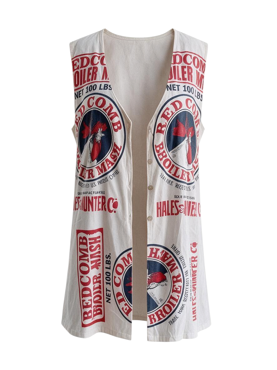 Trestles Clothing Company Market Staple Duster in red and white cotton with vintage flour sack print and front buttons