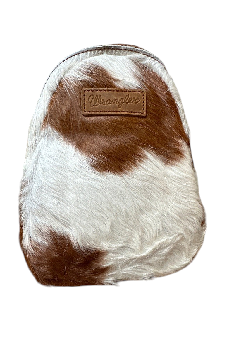 Trestles Clothing Company Western sling bag in brown and white genuine hair-on cowhide with a Wrangler leather patch
