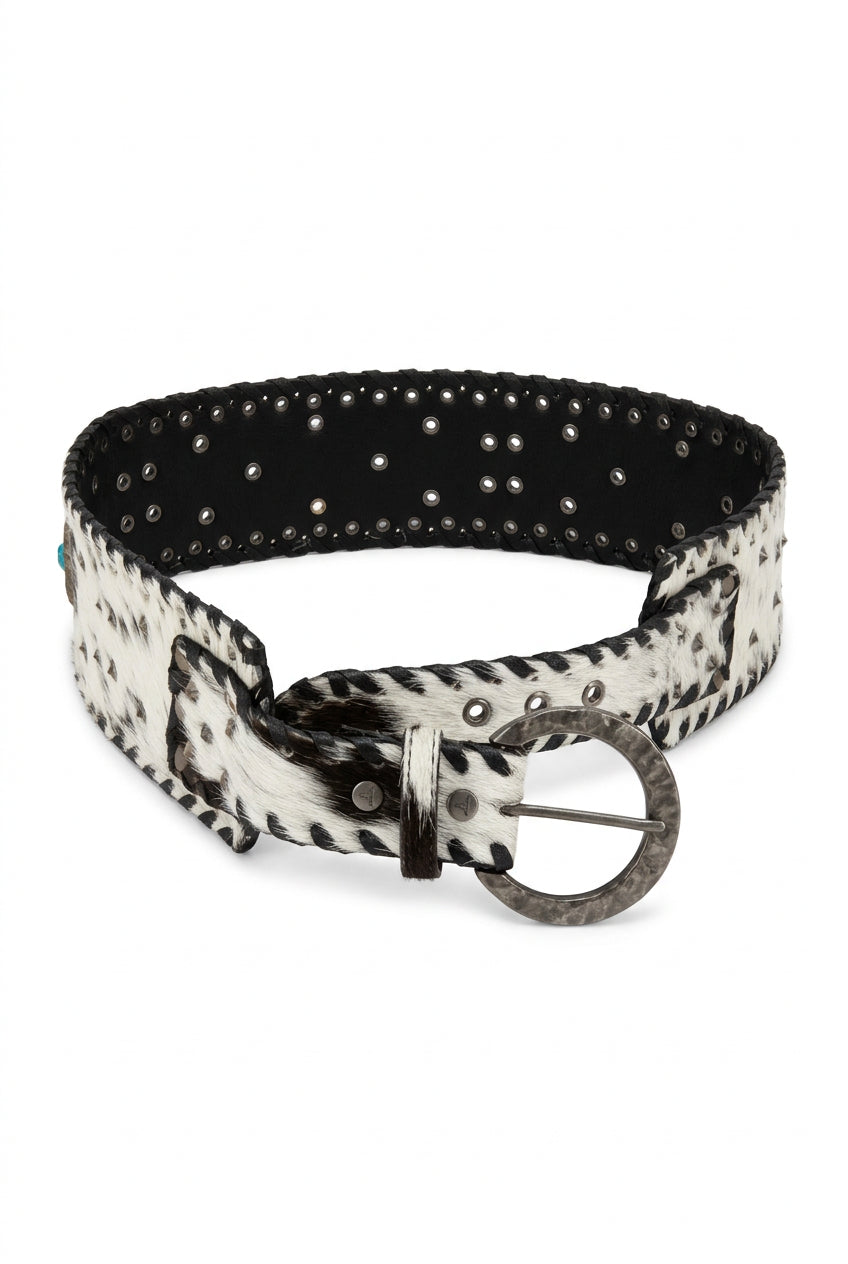 Trestles Clothing Company wide cowhide leather belt with hair-on texture, metal studs, and a vintage round buckle.