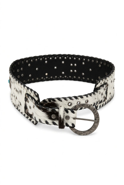 Trestles Clothing Company wide cowhide leather belt with hair-on texture, metal studs, and a vintage round buckle.