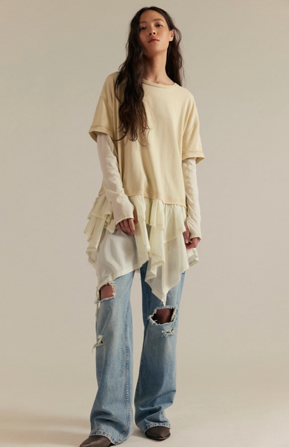 Trestles Clothing Company Tattered Love Tee featuring a cream boho knit top with layered peplum and long sleeves