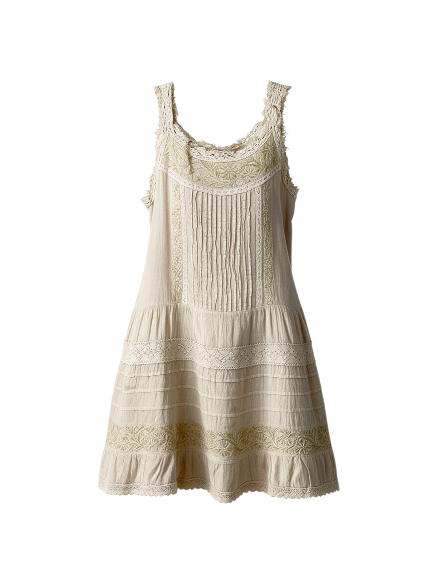 Trestles Clothing Company Sweet Magnolia midi slip dress in beige cotton with vintage lace and floral embroidery