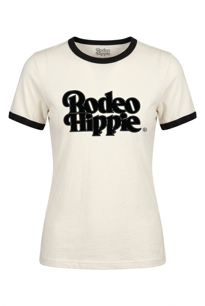 Trestles Clothing Company cream cotton ringer tee with black trim and retro Rodeo Hippie graphic print