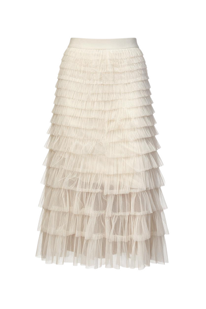 Trestles Clothing Company cream maxi skirt featuring tiered ruffled tulle layers and a comfortable elastic waistband.