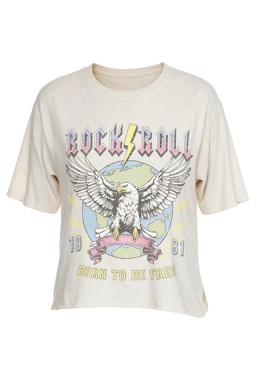 Trestles Clothing Company cropped vintage-style graphic tee with eagle print and Rock n Roll 1981 text on a model