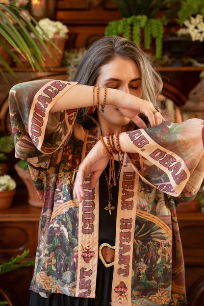 Trestles Clothing Company cropped kimono in bamboo viscose featuring archival Victorian floral and sacred heart print