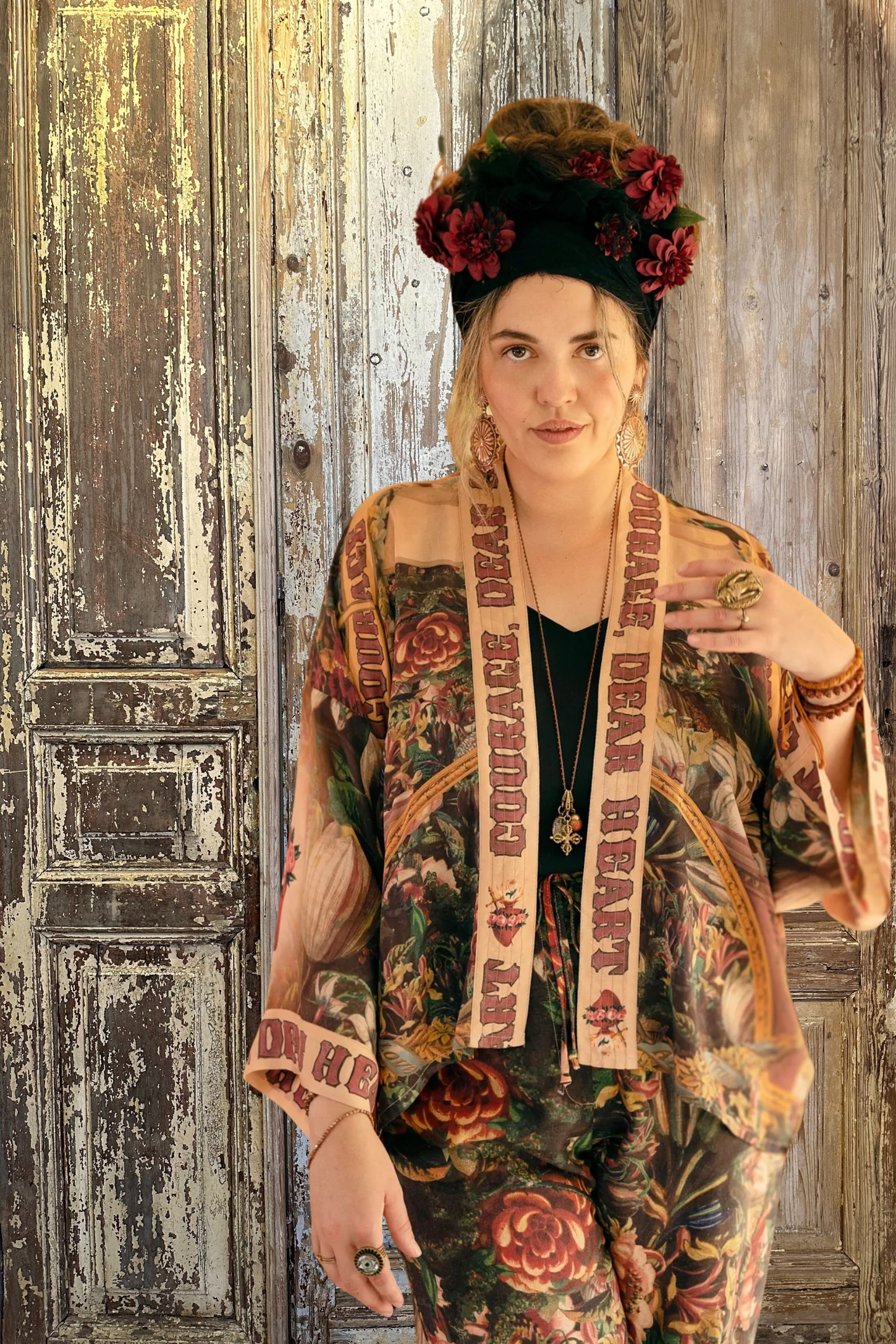 Trestles Clothing Company cropped kimono featuring Victorian archival floral prints and Courage Dear Heart trim text.