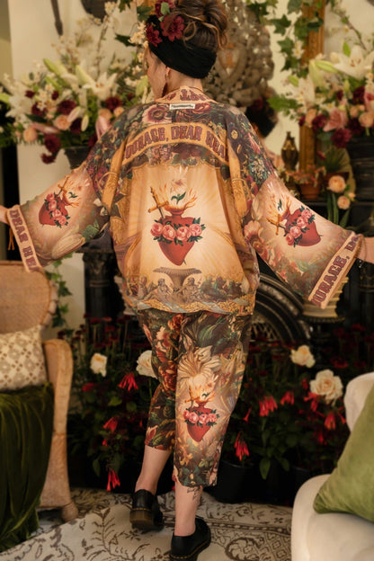 Trestles Clothing Company cropped kimono in bamboo viscose with Victorian-inspired sacred heart and floral print.